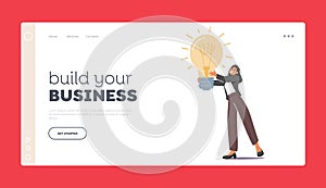 Build your Business Landing Page Template. Tiny Female Character with Huge Glowing Bulb in Hands. Businesswoman Insight