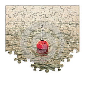 Build your security step by step - Concept image with red bouy on a calm lake, in jigsaw puzzle shape