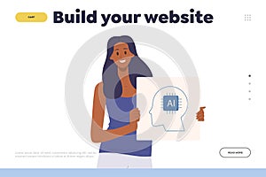 Build your website invitation on landing page template with happy woman presenting ai technology