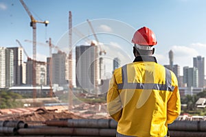 Builder on the background of a house with cranes