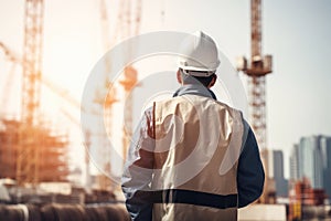 Builder on the background of a house with cranes