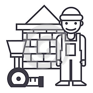 Builder,brick house,meter vector line icon, sign, illustration on background, editable strokes