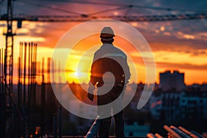 Builder on a building under construction early in the morning, dawn, backlighting. Labor Day photo