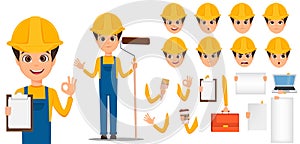 Builder cartoon character creation set. Young handsome installer in uniform and helmet.