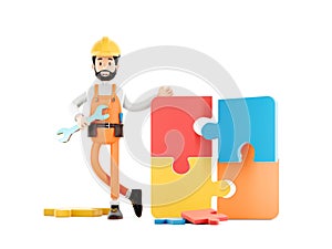 builder cartoon character, funny worker or engineer with puzzle isolated. Resolve the problem concept 3d illustration