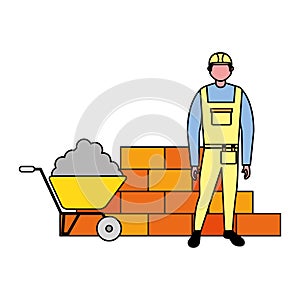 builder character brick wall and wheelbarrow
