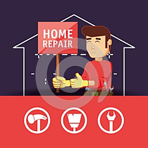 Builder character with home repair icons