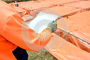 Builder checking house plan for steel fixing