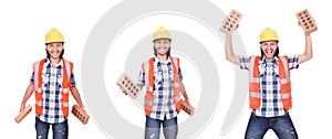 The builder with clay bricks isolated on white