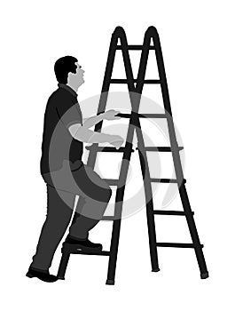 Builder climb on ladder  illustration isolated on white background. Construction worker with ladder working. Painter work.