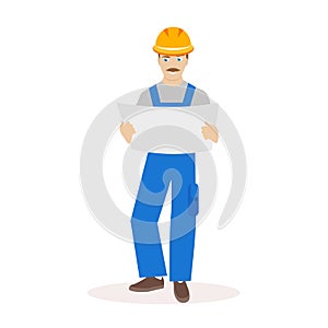 Builder or construction superintendent in a helmet and with blueprints construction in their hands. Flat character