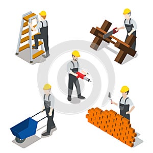 Builder construction worker icon flat 3d isometric vector