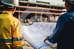 Builder engineer architect discussion building plan technical expertise modern construction site manufacturing safety