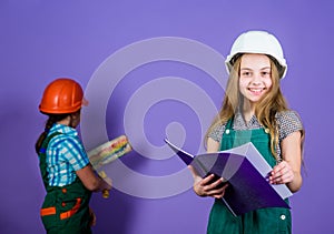 Builder engineer architect. Kid worker in hard hat. Future profession. Tools to improve yourself. Repair. Child care