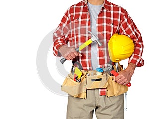 Builder handyman with construction tools.