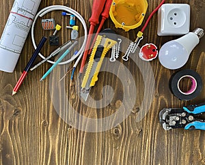 Builder handyman with construction tools. Selective focus