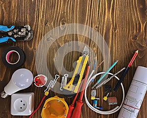 Builder handyman with construction tools. Selective focus