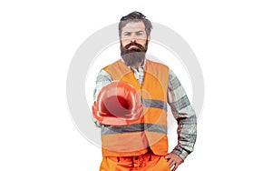 Builder in hard hat, foreman or repairman in the helmet. Man builders, industry. Worker in construction uniform