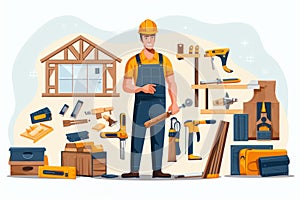 A builder in a helmet with a set of tools, a flat illustration for Labor Day