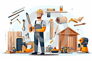 A builder in a helmet with a set of tools, a flat illustration for Labor Day
