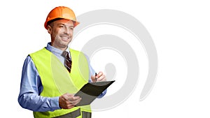 Builder Holding Folder Taking Notes Looking Aside Over White Background