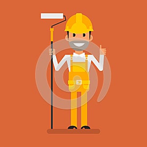 Builder holding paint roller and showing thumbs up. Flat people