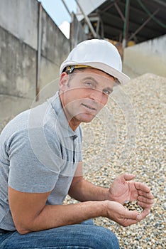 builder holding pebbles outside factory