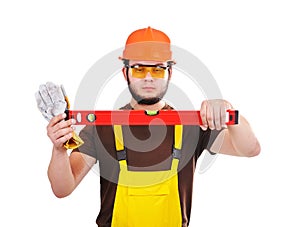 Builder holding wasserwaage photo