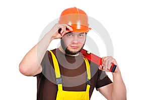 Builder holding water level photo