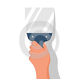 The builder holds a construction spatula in hand. Vector flat.
