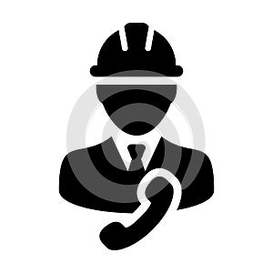 Builder icon vector male construction worker person profile avatar with phone and hardhat helmet in glyph pictogram