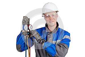 Builder, installer of ventilation with tools in hands