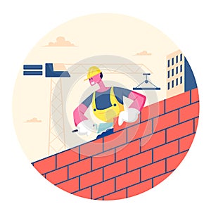 Builder Male Character Wearing Helmet and Uniform Holding Trowel Put Concrete for Laying Brick Wall Completed and Rejoice of Work