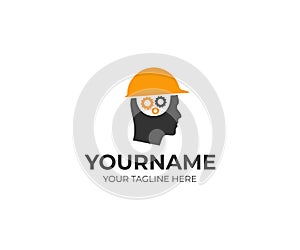 Builder man in a helmet and a brain of gears logo template. Man thinks over a construction project vector design