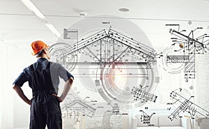 Builder man and media interface . Mixed media