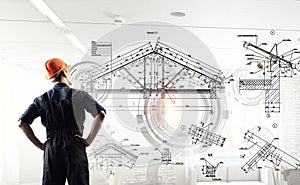 Builder man and media interface . Mixed media