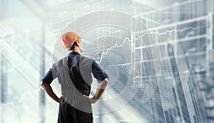 Builder man and media interface . Mixed media