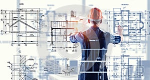 Builder man using media interface . Mixed media