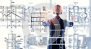 Builder man using media interface . Mixed media