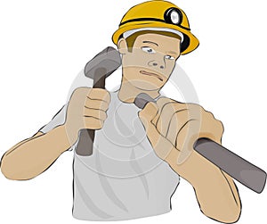 Builder or the miner works with hammer and chisel