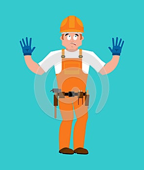 Builder oops guilty . Worker in protective helmet culpable. Service worker Serviceman apologize. Vector illustration photo