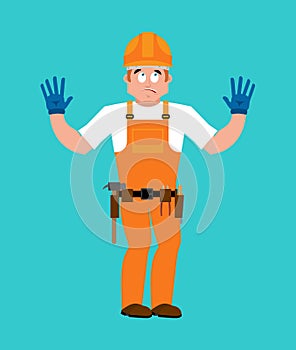 Builder oops guilty . Worker in protective helmet culpable. Service worker Serviceman apologize. Vector illustration