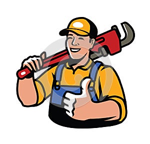Builder with plumbing wrench symbol. Construction, plumber vector illustration