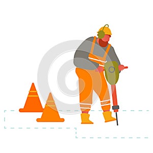 Builder with Pneumatic Jackhammer Drill Equipment Breaking Asphalt at Road Construction Site Fenced with Warning Cones