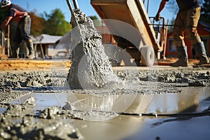 Builder pours ready mix concrete from a cement mixer truck at a construction site