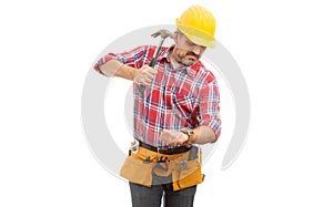 Builder preparing to destroy wristwatch with hammer