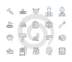 Builder production outline icons collection. Constructor, Fabricator, Manufacturer, Assembler, Producer, Carpentry