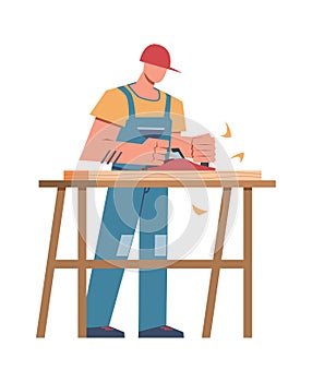 Builder and professional equipment. Carpenter with sawing board making wooden cabinet, home renovation or carpentry