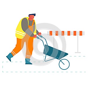 Builder Pushing Wheelbarrow Working on Construction Site or Road Repair. Laborer Wearing Orange Uniform