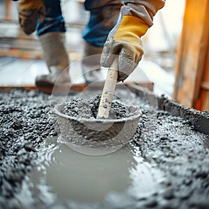 Builder readies mix Concrete in hand, poised for construction project